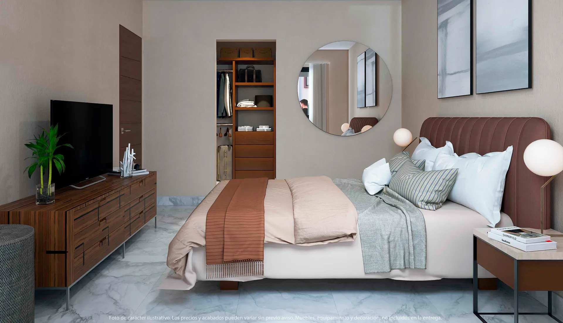 Recámara principal con walk-in closet y baño completo en Ombu Apartments - Modelo Terra